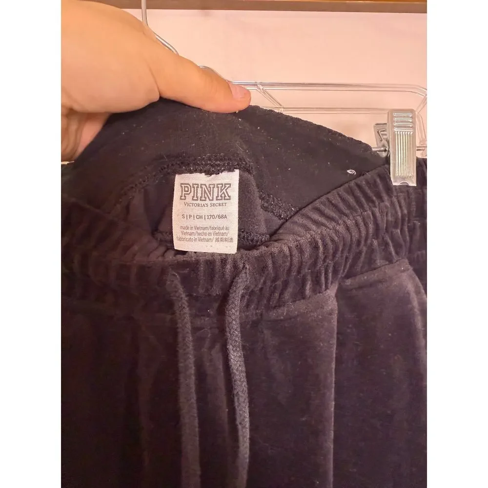 PINK Victorias Secret Pink Black Velvet Sweatpants Tapered Ankle Zipper Size S - Picture 4 of 4